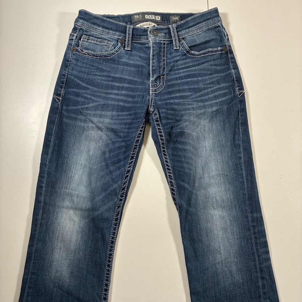 BKE Carter Jeans Men 30R Blue Bootleg Heavy Stitch Distressed Denim